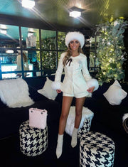 MELISSA White Luxury  faux Fur Tweed set hat and cuffs Two Piece Set Next Day Delivery Available