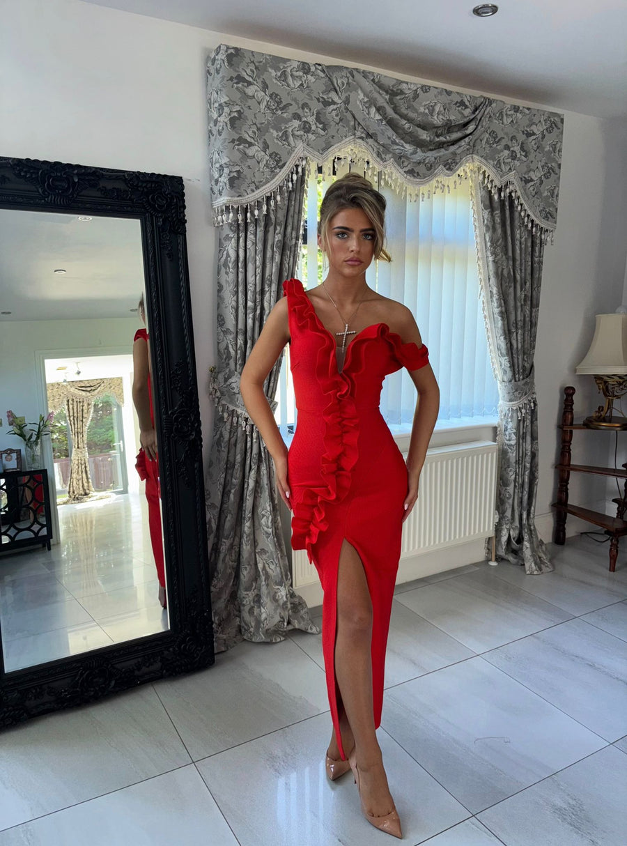 RUBY Red Ruffle Bandage Dress next day delivery Available