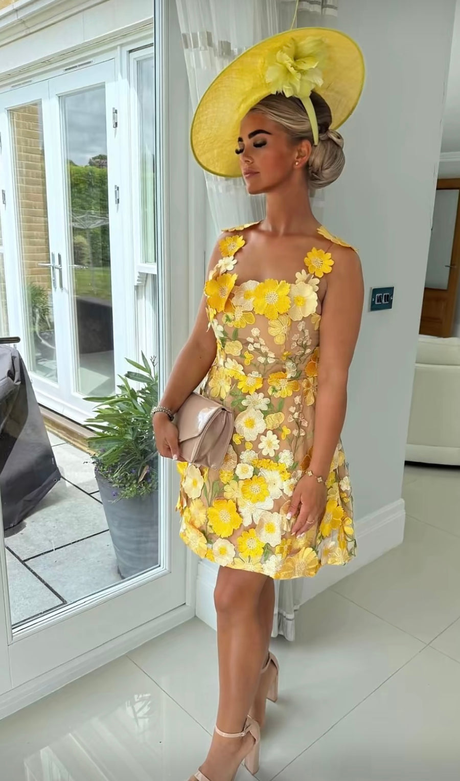 LUCIA Yellow 3D Floral Dress Next day delivery available
