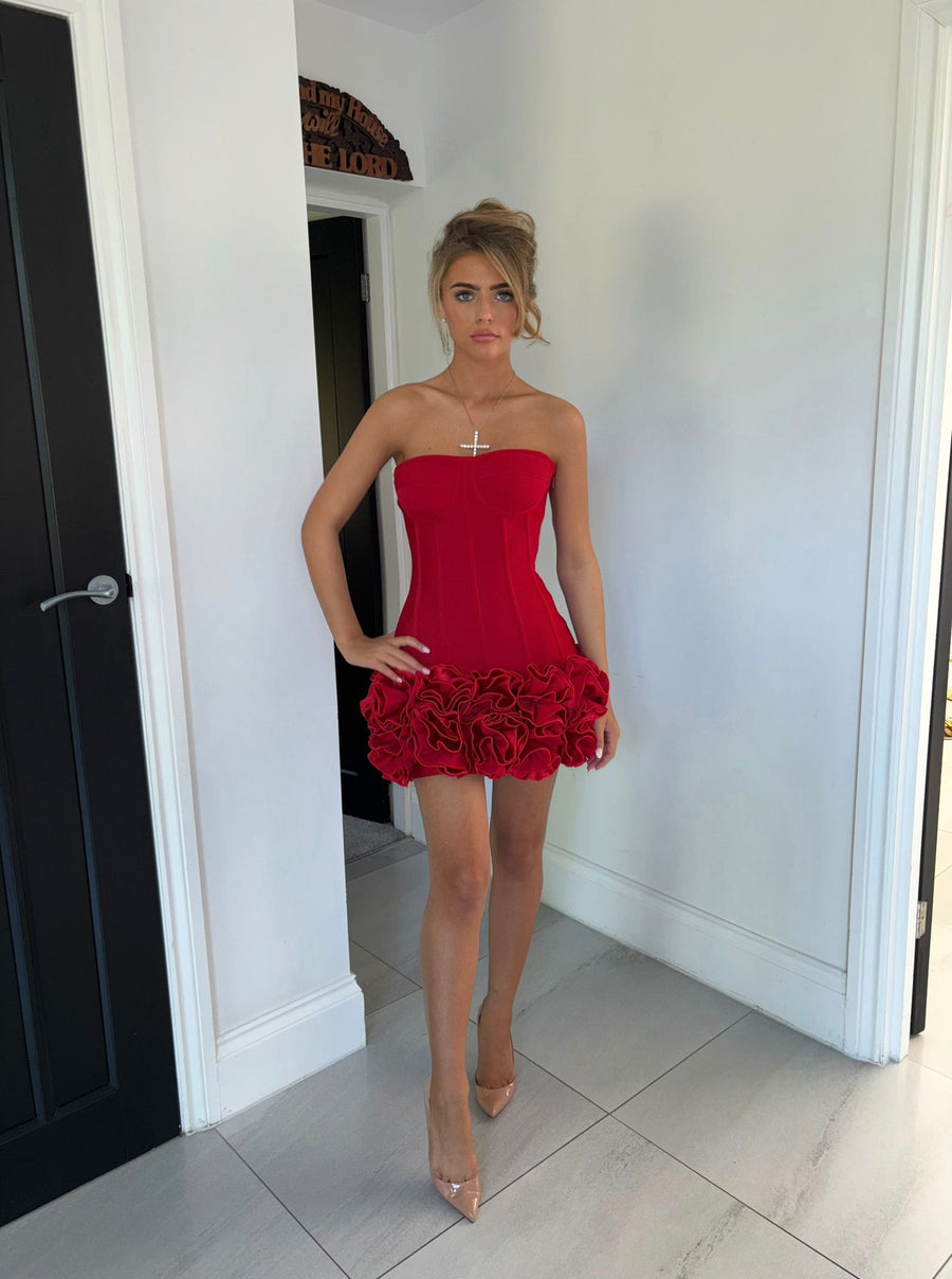 ARLA Red  Corset Lace Up Ruffle Bandage Dress