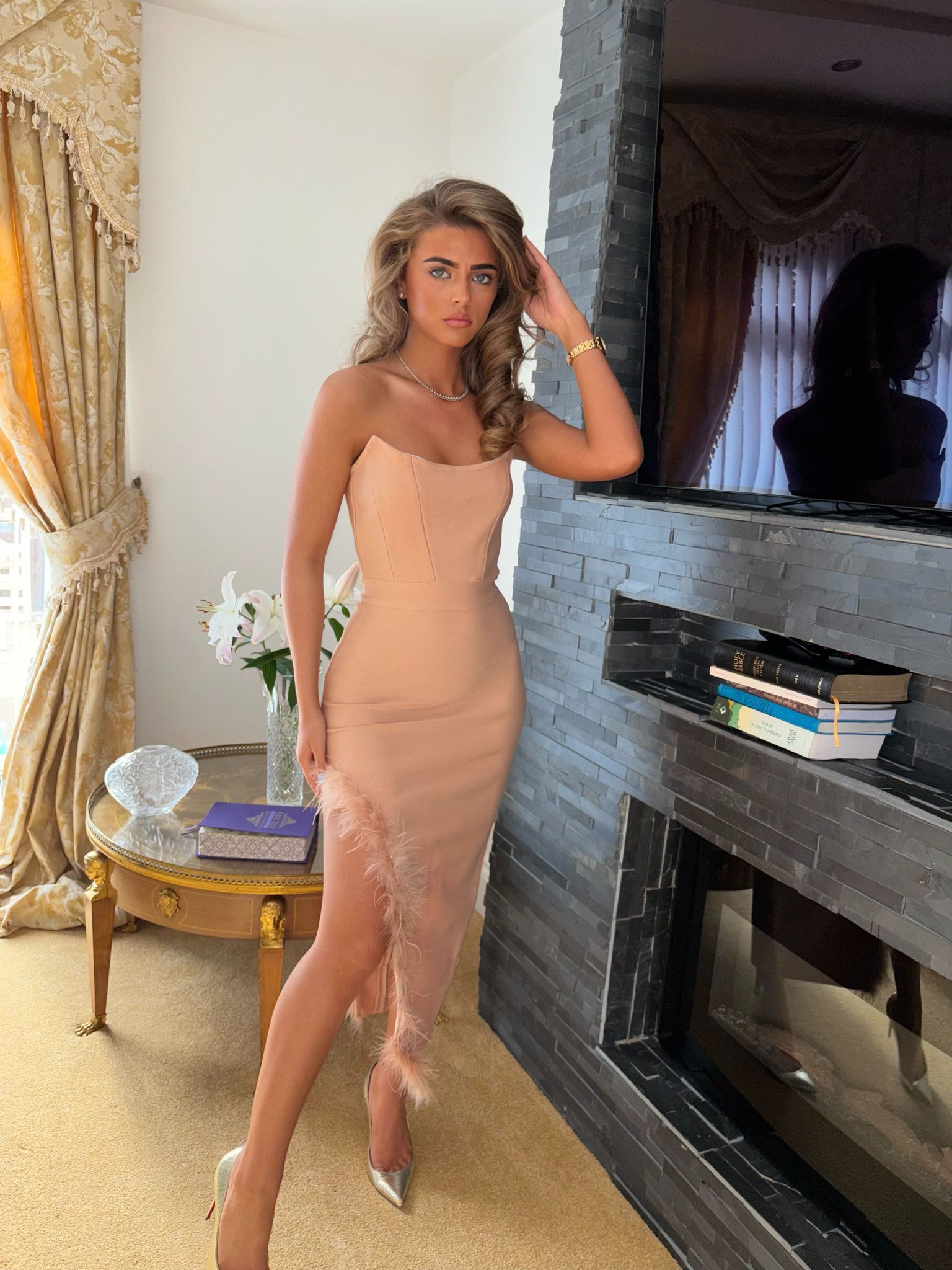 LIZA Feather Nude Bandage dress (next day delivery Available )