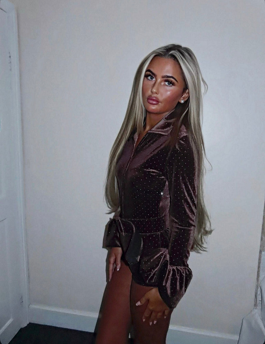 CHLOE Diamond Velvet Belted  Playsuit Next Day Delivery Available