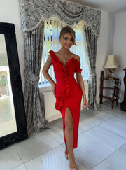RUBY Red Ruffle Bandage Dress next day delivery Available