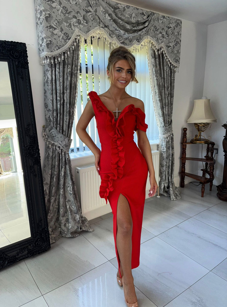 RUBY Red Ruffle Bandage Dress next day delivery Available