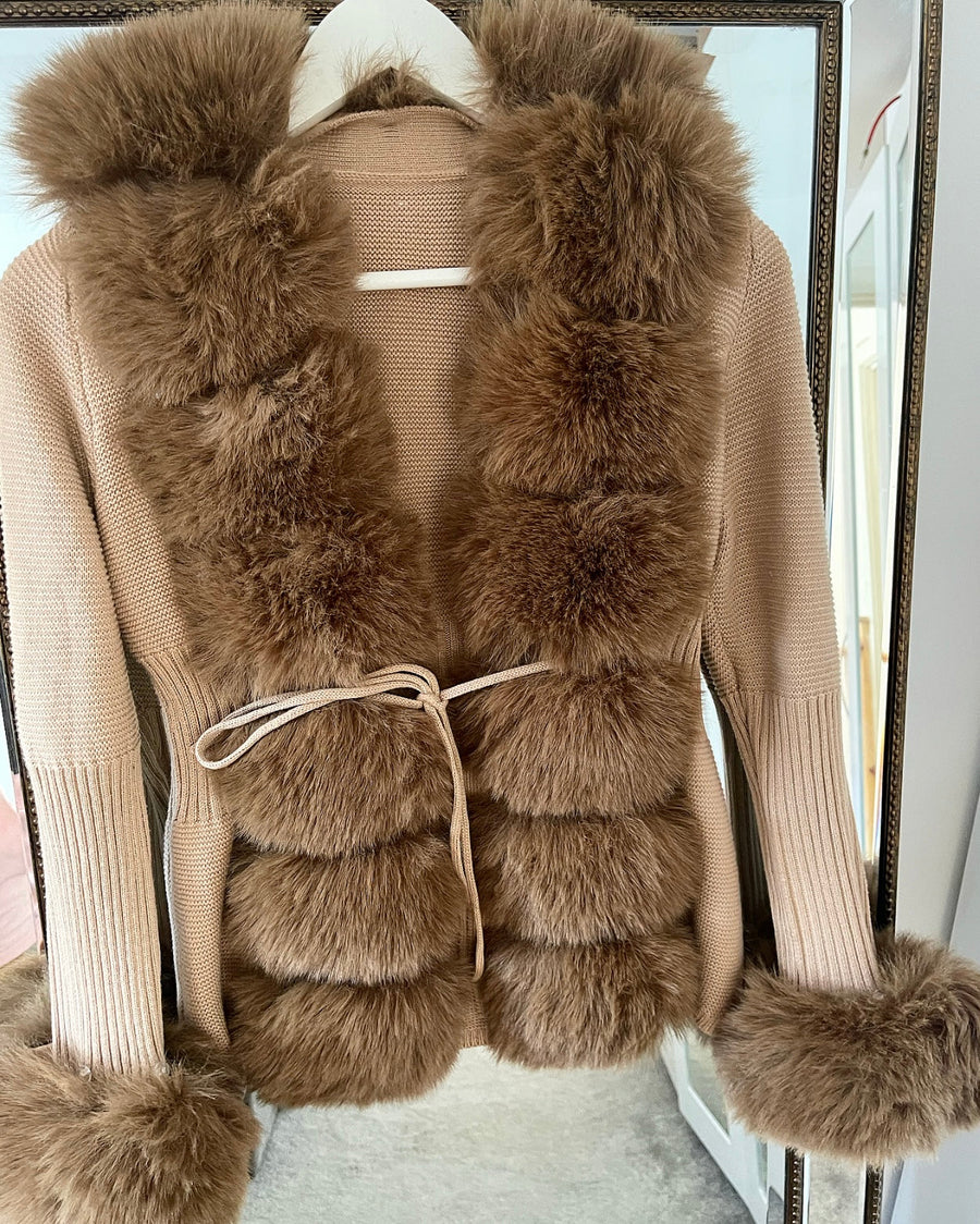 TARA Tan Luxury Faux Fur Cardigan next day delivery)