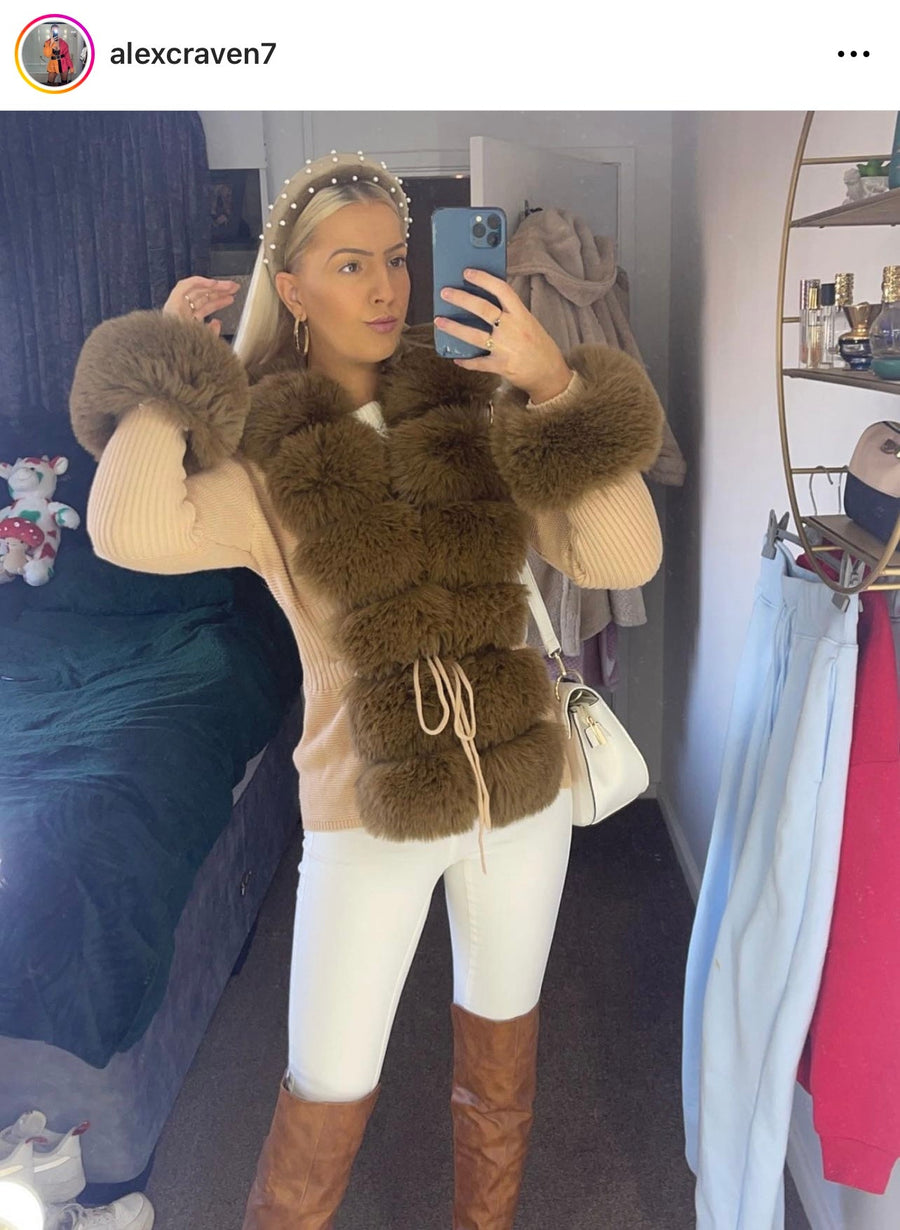 TARA Tan Luxury Faux Fur Cardigan next day delivery)