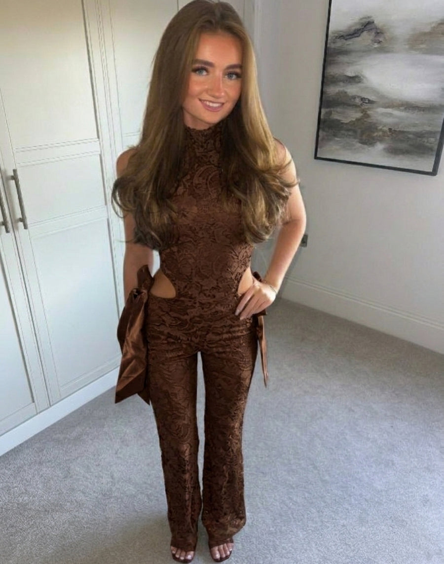 RUBY Brown Lace Bow Jumpsuit  (Next Day delivery Available )