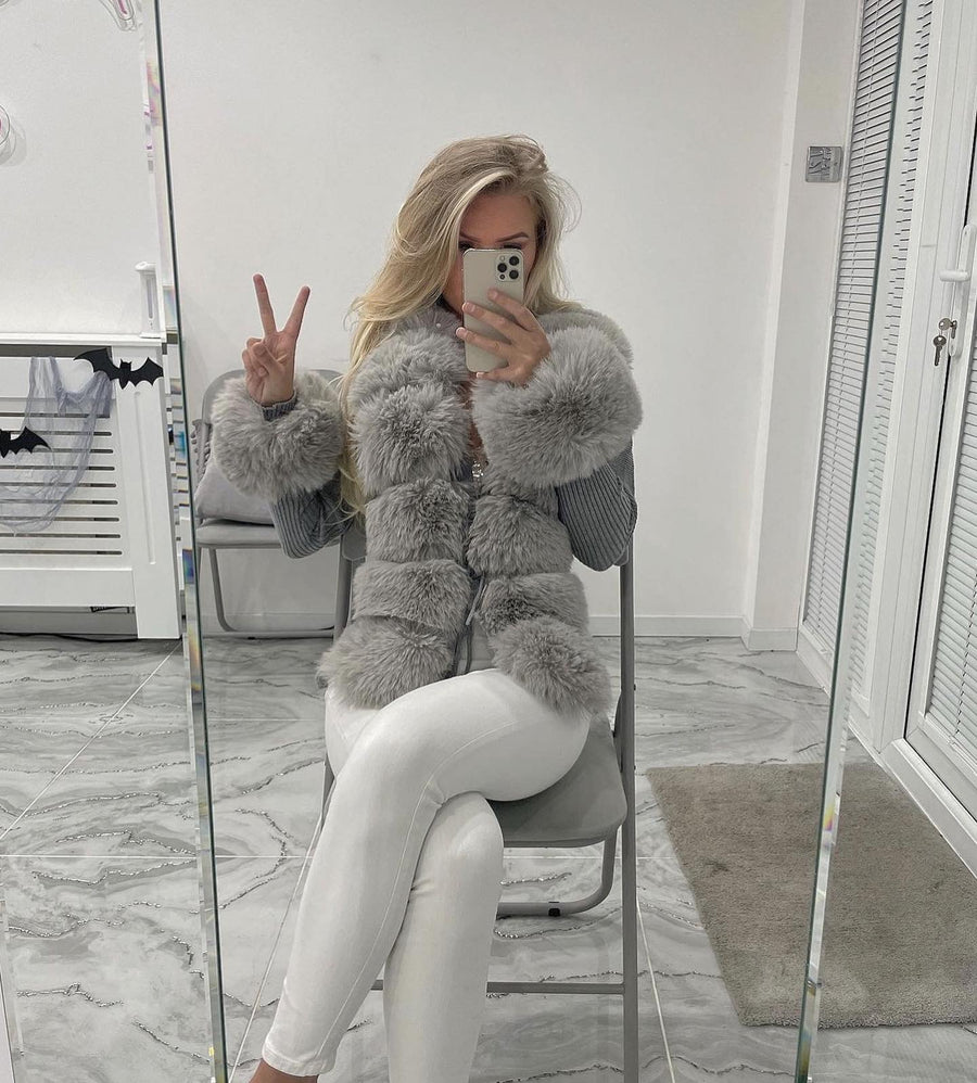 TARA Grey  Luxury Faux Fur Cardigan Next Day Delivery Avaliable)