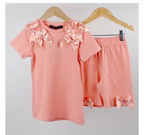 BEAU Coral Peach Satin Bow Top And Shorts Set (Next Day Delivery Available)