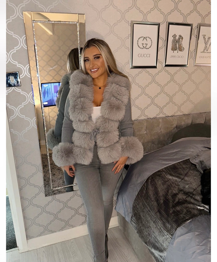 TARA Grey  Luxury Faux Fur Cardigan Next Day Delivery Avaliable)