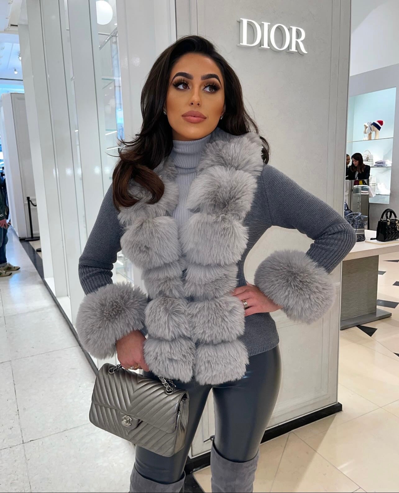 TARA Grey  Luxury Faux Fur Cardigan Next Day Delivery Avaliable)