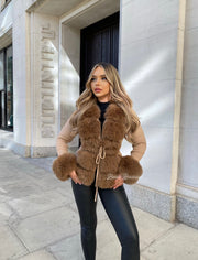 TARA Tan Luxury Faux Fur Cardigan (next day delivery )